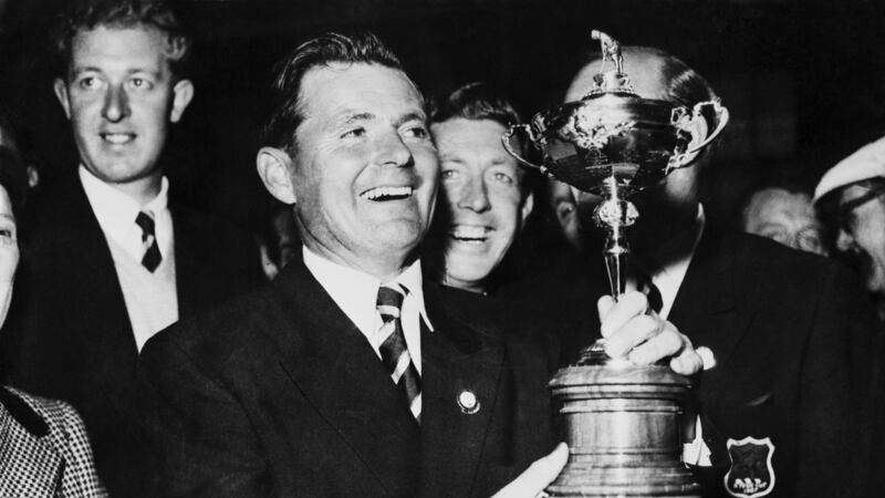 GB&I captain Dai Rees  holding the Ryder Cup after beating the US at Lindrick Golf Club in 1957. Photograph: Keystone/Hulton Archive/Getty Images