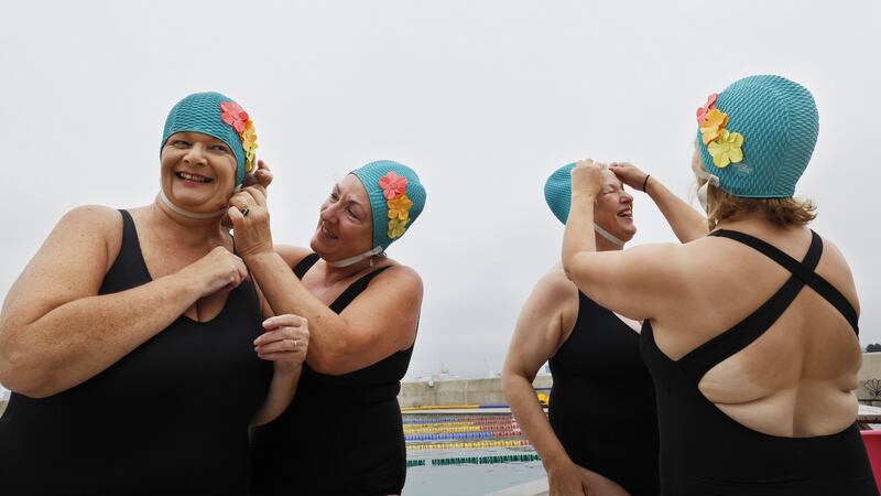 Synchronised swimmers Lillian Hunt, Cathy Moore, Hilary Warren McCaughey and Aine O’Keefe prepare for a session in Clontarf Baths in Dublin. Photograph: Alan Betson / The Irish Times