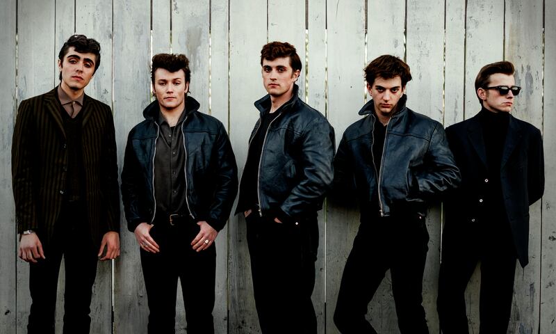 Actors who will play The Beatles in new BBC TV series Hamburg Days. Paul McCartney (Ellis Murphy), Pete Best (Paddy Gilmore), George Harrison (Harvey Brett), John Lennon (Rhys Mannion), Stuart Sutcliff (Louis Landau). Photograph: Gordon Timpen/SMPSP/W and B Television/PA Wire 
