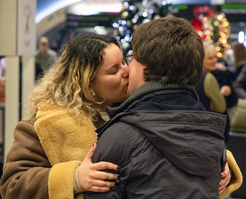 Andrew Tobin from Clonmel and his girlffriend, Alexa Melnitsky, whom he has not seen in six months, from New York at Dublin Airport. Photograph: Colin Keegan/Collins, Dublin