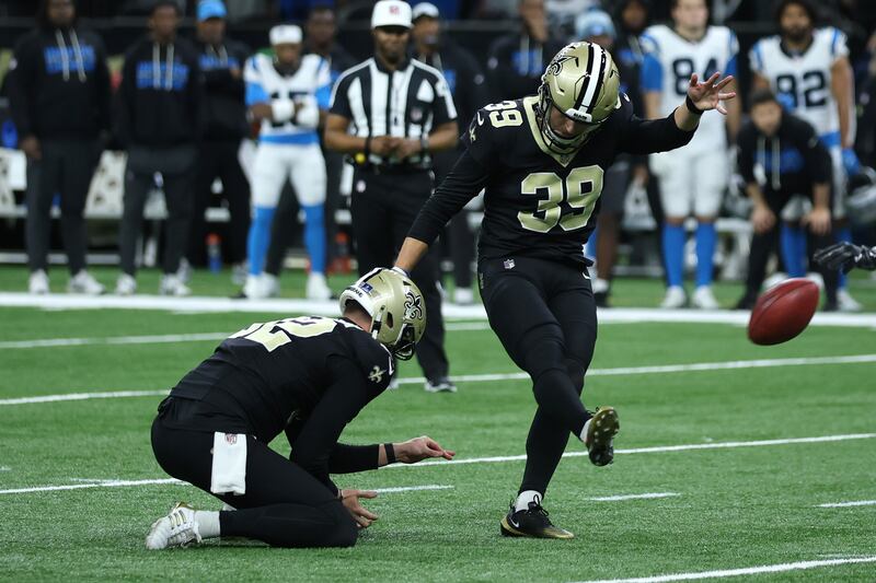 Charlie Smyth kicks a fourth-quarter field goal for the New Orleans Saints against Carolina Panthers at Caesars Superdome on Sunday. Photograph: Chris Graythen/Getty Images