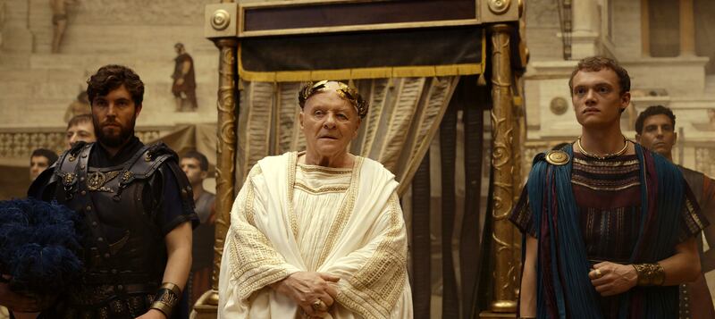 Those About to Die: Chariot racing and gladiatorial combat with Tom Hughes as Titus, Anthony Hopkins as Emperor Vespasian and Jojo Macari as Domitian. Photograph: Peacock