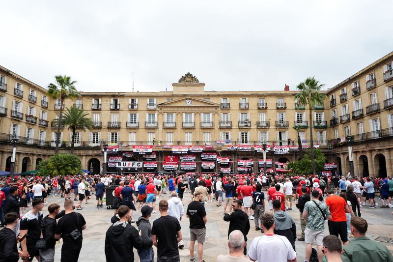 Manchester United fans in Plaza Nueva square in Bilbao. Photograph: Andrew Milligan/PA