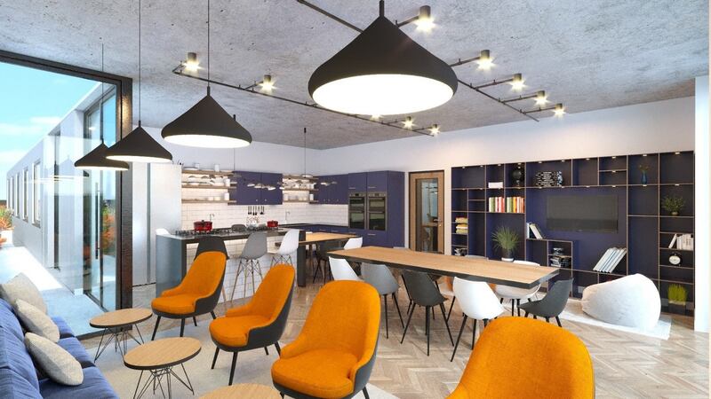 Architect’s image of a kitchen designed to serve 13 rooms in Bartra Capital’s co-living scheme in Rathmines. A larger number of rooms (eg: 42 in Dun Laoghaire), would have a larger kitchen.