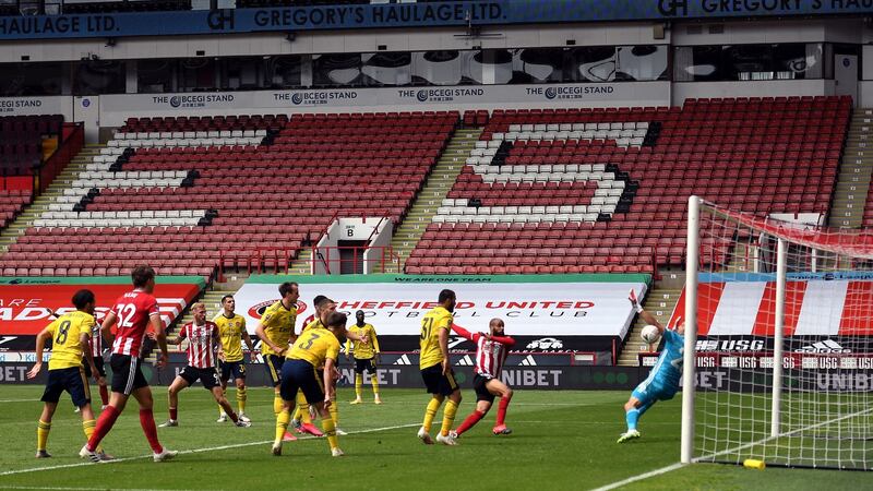 Ireland striker David McGoldrick equalises for Sheffield United. Photograph: Oli Scarff/PA