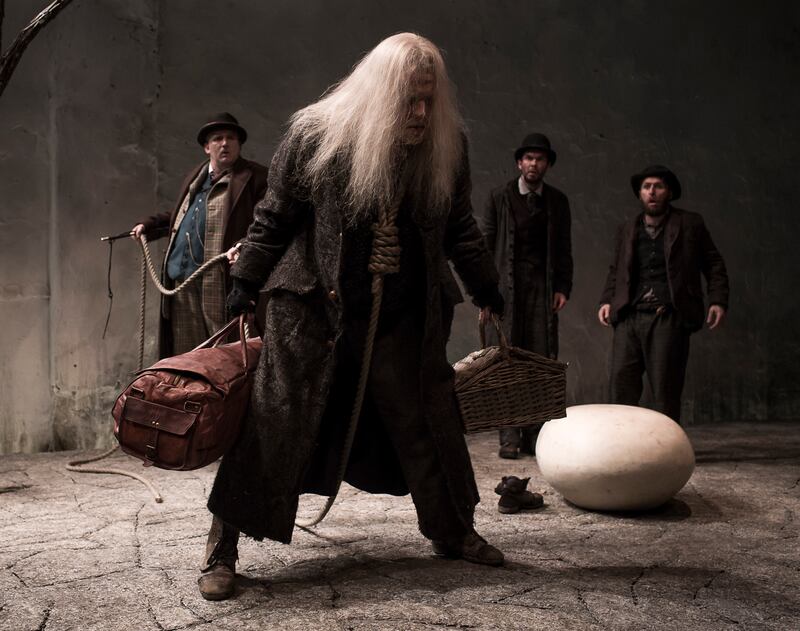 Rory Nolan (Pozzo), Garrett Lombard (Lucky), Marty Rea (Vladimir) and Aaron Monaghan (Estragon) in Druid Theatre Company's production of Waiting for Godot, by Samuel Beckett, directed by Garry Hynes. Photograph: Matthew Thompson