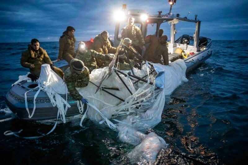 According to two US officials, the balloon recovery efforts were temporarily suspended on Thursday due to high seas. They said some balloon debris was intact on the ocean floor and divers had recovered potentially high-value equipment over the past day and a half. Photograph: AP