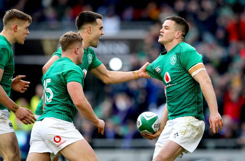 Johnny Sexton celebrates scoring Ireland's second try against France during the 2019 Six Nations. Photograph: INPHO/Ryan Byrne