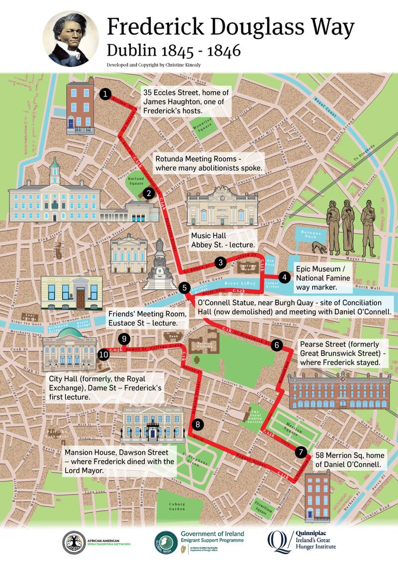The Dublin walking trail marking sites associated with Douglass’ visit to the capital. A Cork trail was launched last month and other trails are planned for Belfast, Wexford and Waterford to commemorate other sites Douglass visited.