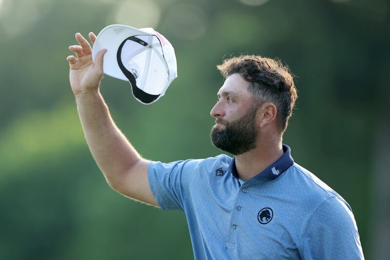 Jon Rahm of Spain acknowledges the crowd on the 18th green during the final round of the PGA Championship at Aronimink Golf Club. Photograph: Emilee Chinn/Getty