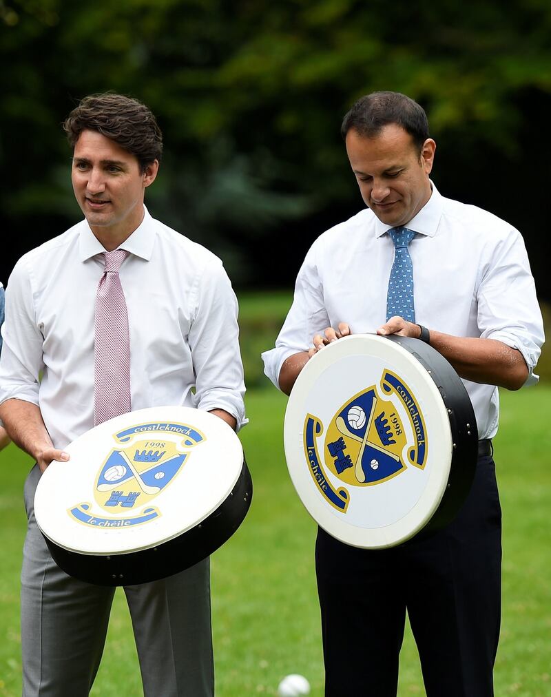 Canada’s Prime Minister Justin Trudeau is presented with a Bodhran with Taoiseach Leo Varadkar at Farmleigh House, Dublin, July 4th, 2017. Photograph: Clodagh Kilcoyne/Reuters
