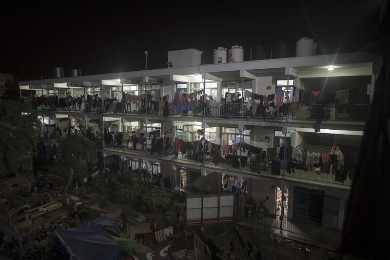 Internally displaced Palestinians spend the night at a United Nations school in Khan Younis, southern Gaza. Photograph: EPA-EFE