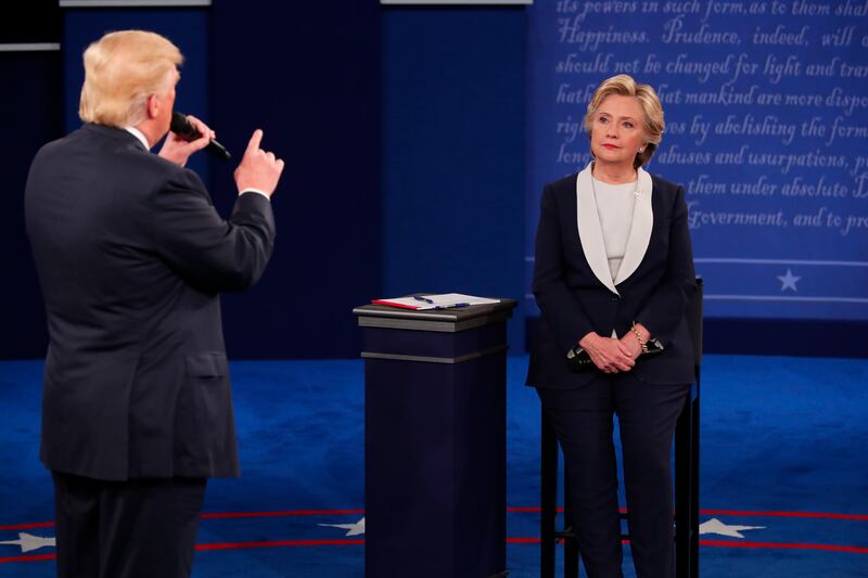 Hillary Clinton and Donald Trump during their second televised debate of the 2016 US election. Photograph: Doug Mills/New York Times
                      