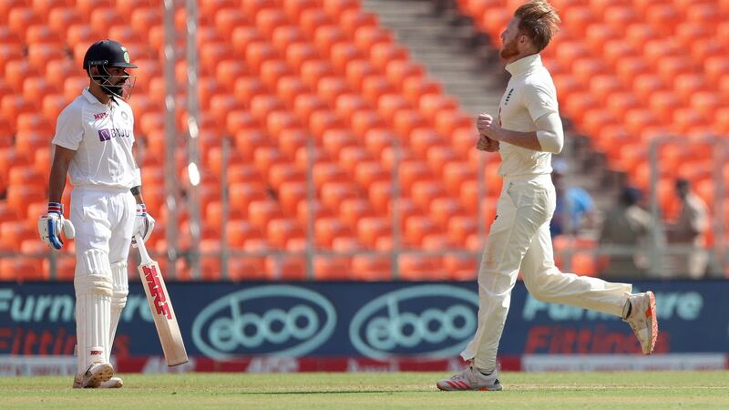 Ben Stokes celebrates after taking the wicket of Virat Kohli. Photograph: Aijaz Rahi/AP