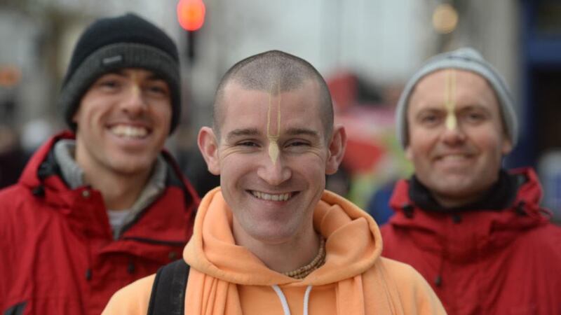 15/1/2014. - WEEKEND -Sundar Nitai Das, Hare Krishna with Bhakta John (left) and Premarnava Das (right) on O'Connell Street, Dublin.Photograph: Dara Mac Dónaill/The Irish Times