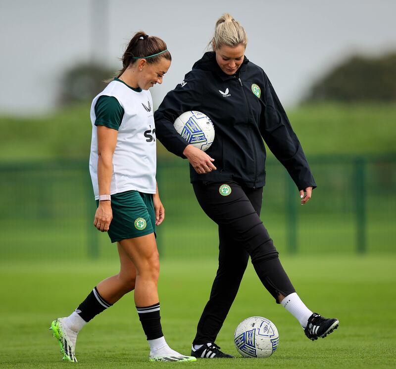 Katie McCabe and new assistant coach Emma Byrne,  whose qualifications and the experience will add serious value to every international window, at the FAI National Training Centre, in Abbotstown, Dublin. Photograph: Ryan Byrne/Inpho