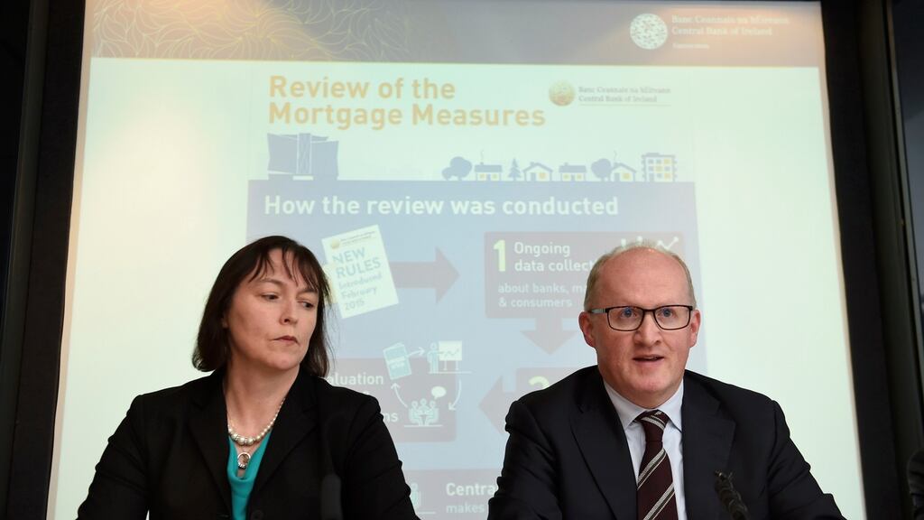 Deputy Governor of the Central Bank Sharon Donnery and Governor Philip Lane announce first-time buyers will now require a 10 per cent deposit when applying for a home loan, regardless of the price of the property . Photograph: Clodagh Kilcoyne/Reuters