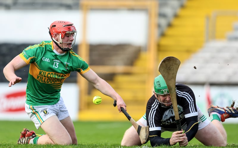 Kilcormac-Killoughey's Charlie Mitchell has his shot on goal saved by Dean Mason of Shamrocks Ballyhale. Photograph: Dan Clohessy/Inpho