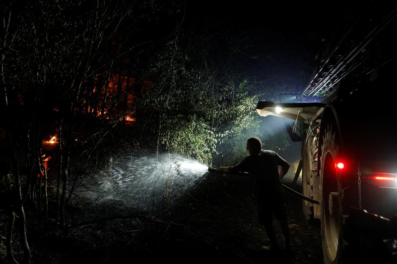 A farmer sprays water in the forest of Fontainebleau, southeast of Paris. Photograph:Geoffroy Van Der Hasselt/AFP via Getty Images