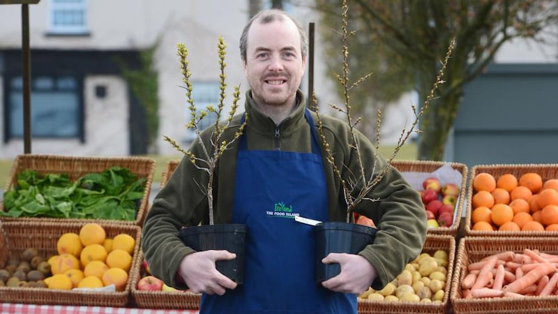 Richard Hogan, organic fruit and vegetable grower, market seller and inporter photographed with Sea Buckthorn Berry bushes at his market stall in West Meath. Photograph: Alan Betson