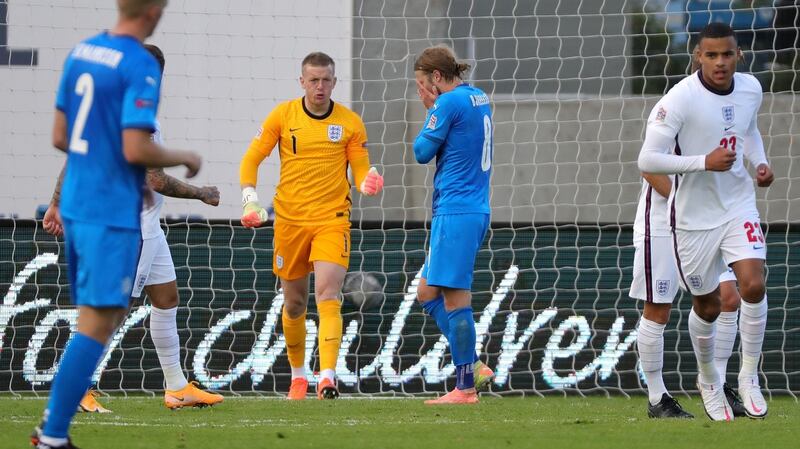 Birkir Bjarnason misses a late penalty for Iceland against England. Photograph:   Haflidi Breidfjord/Getty
