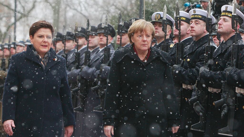 Poland’s prime minister, Beata Szydlo, and Angela Merkel review a guard of honour in Warsaw on Tuesday at the start of the German chancellor’s visit to Poland. Photo: AP/Czarek Sokolowski