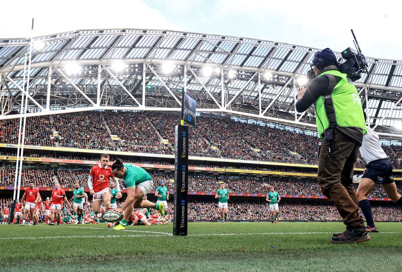 James Lowe scores Ireland's second try during the Guinness Six Nations match against Wales at the Aviva Stadium. Photograph: Dan Sheridan/Inpho
