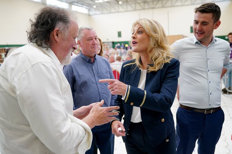 Cynthia Ni Mhurchu speaks to our own Barry Roche, as she arrives at Nemo Rangers GAA club in Cork, Ireland, during the count for the European elections. Jonathan Brady/PA Wire
