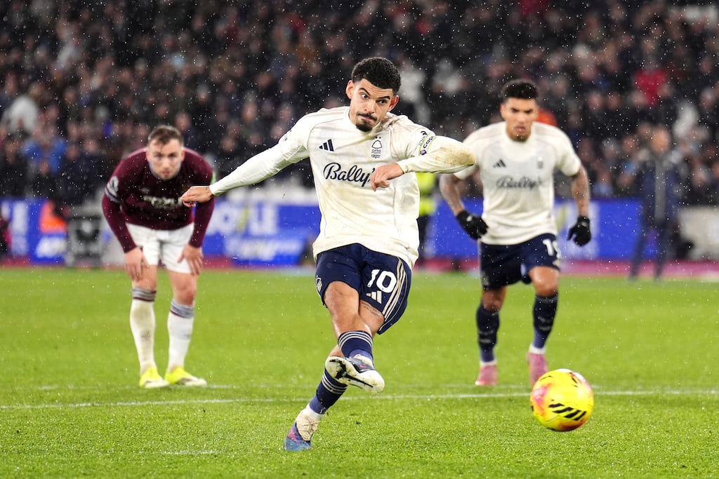 Nottingham Forest's Morgan Gibbs-White scores from the penalty spot. Photograph: PA