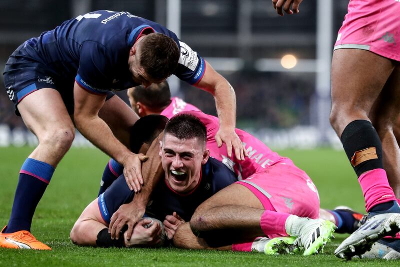 Leinster's Jordan Larmour celebrates with Dan Sheehan after he scores a try. Photograph: Ben Brady/Inpho