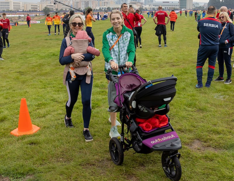 Niamh Allen with her four-month-old daughter Lily and mother Edith at the European Cross Country Championships in Antalya, Turkey, last year. Photograph: Morgan Treacy/Inpho