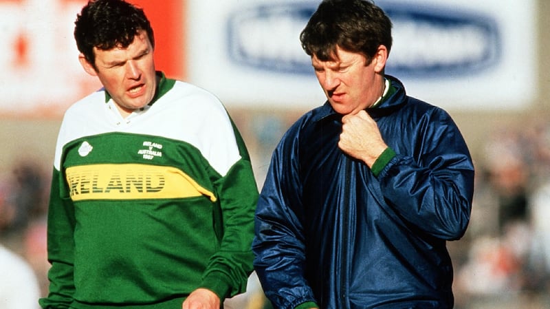 Eugene McGee pictured in 1987 when he was manager of the Ireland International Rules side alongside assistant    Seán McCague. Photograph: Billy Stickland/Inpho