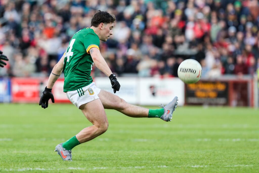 Meath’s James Conlon scores a point during the All-Ireland SFC Round 2B game against Derry at Celtic Park. Photograph: Lorcan Doherty/Inpho