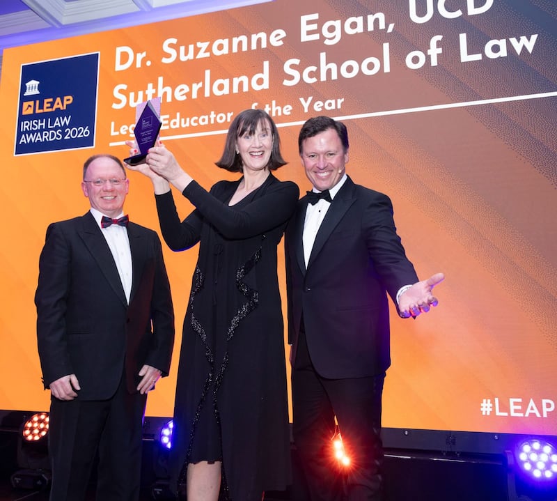 Richard Hammond, solicitor and partner at Hammond Good and chair of the judging panel of the Leap Irish Law Awards; Suzanne Egan, associate professor at UCD; and Anton Savage, MC of the night. Photograph: Paul Sherwood