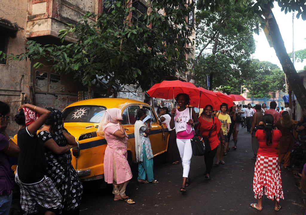 Indian sex workers in Shonagachhi at a rally as part of the Sex Workers' Freedom Festival in Kolkata. Photograph: Dibyangshu Sarkar/AFP/Getty Images
