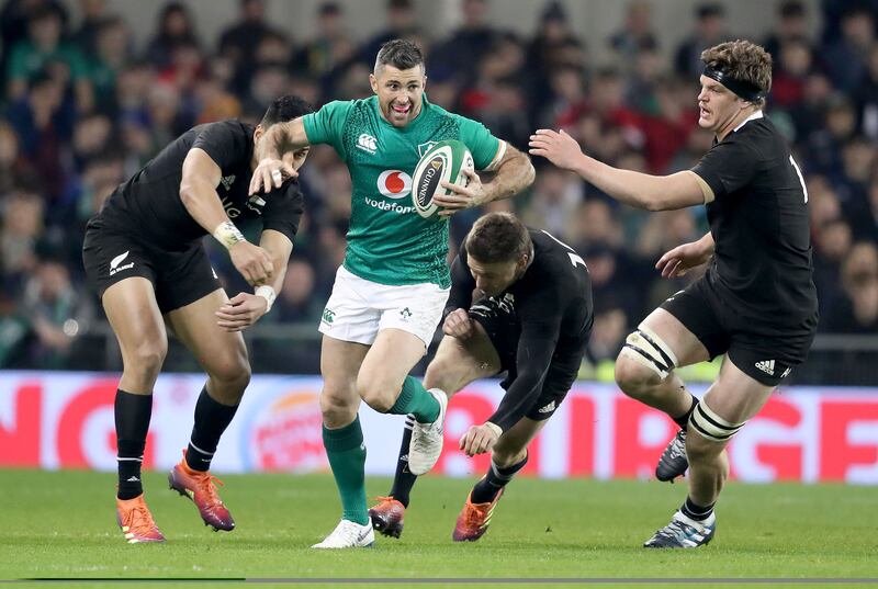 Ireland's Rob Kearney steals a march on New Zealand during the sides' Autumn Series clash at the Aviva Stadium in 2018. Photograph: Dan Sheridan/Inpho