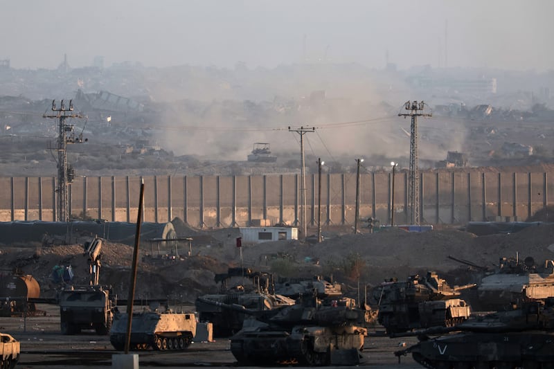 Israeli troops stationed along the northern part of the Israel-Gaza border. Photograph: EPA