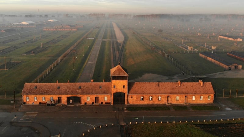 An aerial picture of the entrance to the Auschwitz-Birkenau camp taken on December 15th, 2019 in Oswiecim, Poland. Photograph: Pablo Gonzalez/AFP/Getty