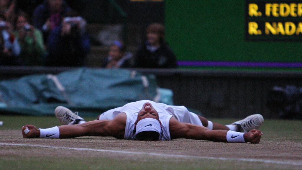 Rafael Nadal celebrates after his famous 2008 Wimbledon final victory over Roger Federer. Photograph: AFP/Getty