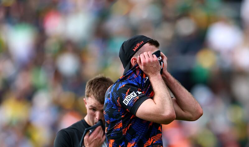 Armagh goalkeper Ethan Rafferty dejected after the game. Photograph: James Crombie/Inpho