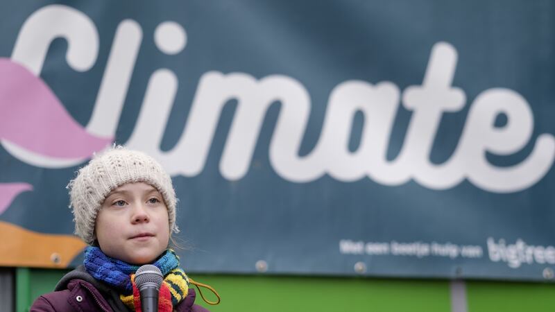 Swedish environmental activist Greta Thunberg gives a speech at the end of the Friday Strike For Climate on March 6th, 2020, in Brussels. Photograph:  Thierry Monasse/Getty