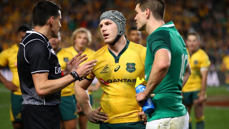 Referee Pascal Gauzere   talks to Australia’s David Pocock  and Ireland’s Johnny Sexton   during the third Test match between the sides at Allianz Stadium in June   2018 in Sydney, Australia. Photograph: Cameron Spencer/Getty Images