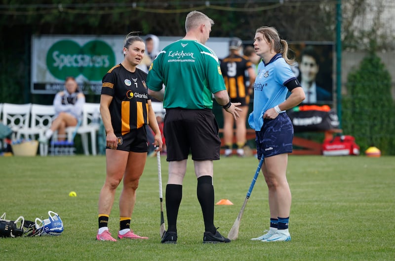 Kilkenny's Katie Power and Dublin's Aisling Maher, both wearing shorts in protest against the rule requiring players wear skorts, speak to referee Ray Kelly ahead of the Leinster semi-final in May. Photograph: Nick Bradshaw