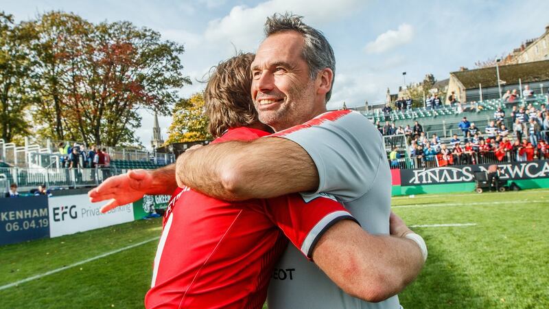 Toulouse’s Maxime Médard and head coach Ugo Mola celebrate after the victory over Bath at the Recreation Ground. Photograph: James Crombie/Inpho