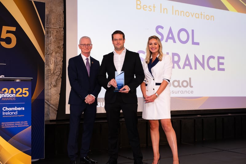 Ian Talbot, chief executive of Chambers Ireland; Ciaran Casey, chief customer officer/commercial director at AIB life (powered by Saol Assurance); and Anna Daly, MC of the awards. Photographer: Ruben Morrissey-Fernandez/Ruby Productions