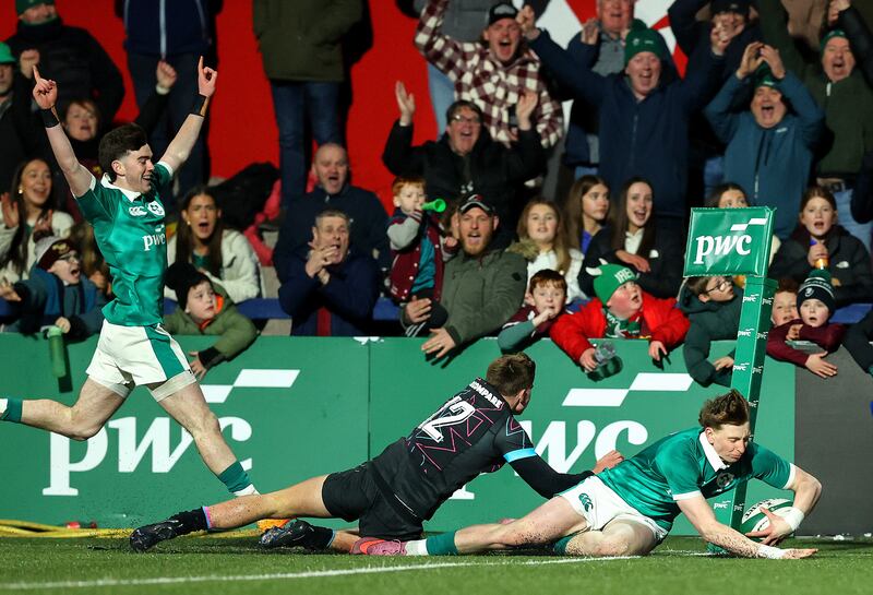 Ireland's Daniel Ryan scores a try during the Under-20 Six nations match against Wales at Virgin Media Park in Cork. Photograph: Tom O’Hanlon/Inpho