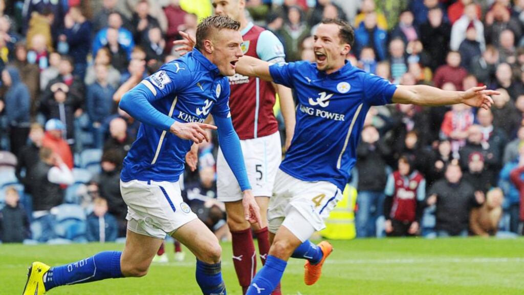 Leicester City’s Jamie Vardy celebrates scoring their first goal against Burnely. Photo: Paul Burrows/Reuters