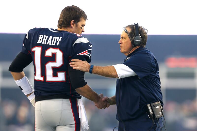 Tom Brady and Bill Belichick in 2016: 'Belichick drafted him in the sixth round when nobody else wanted him and then developed Brady into a Super Bowl champion,' said author Gary Myers. Photograph: Maddie Meyer/Getty Images