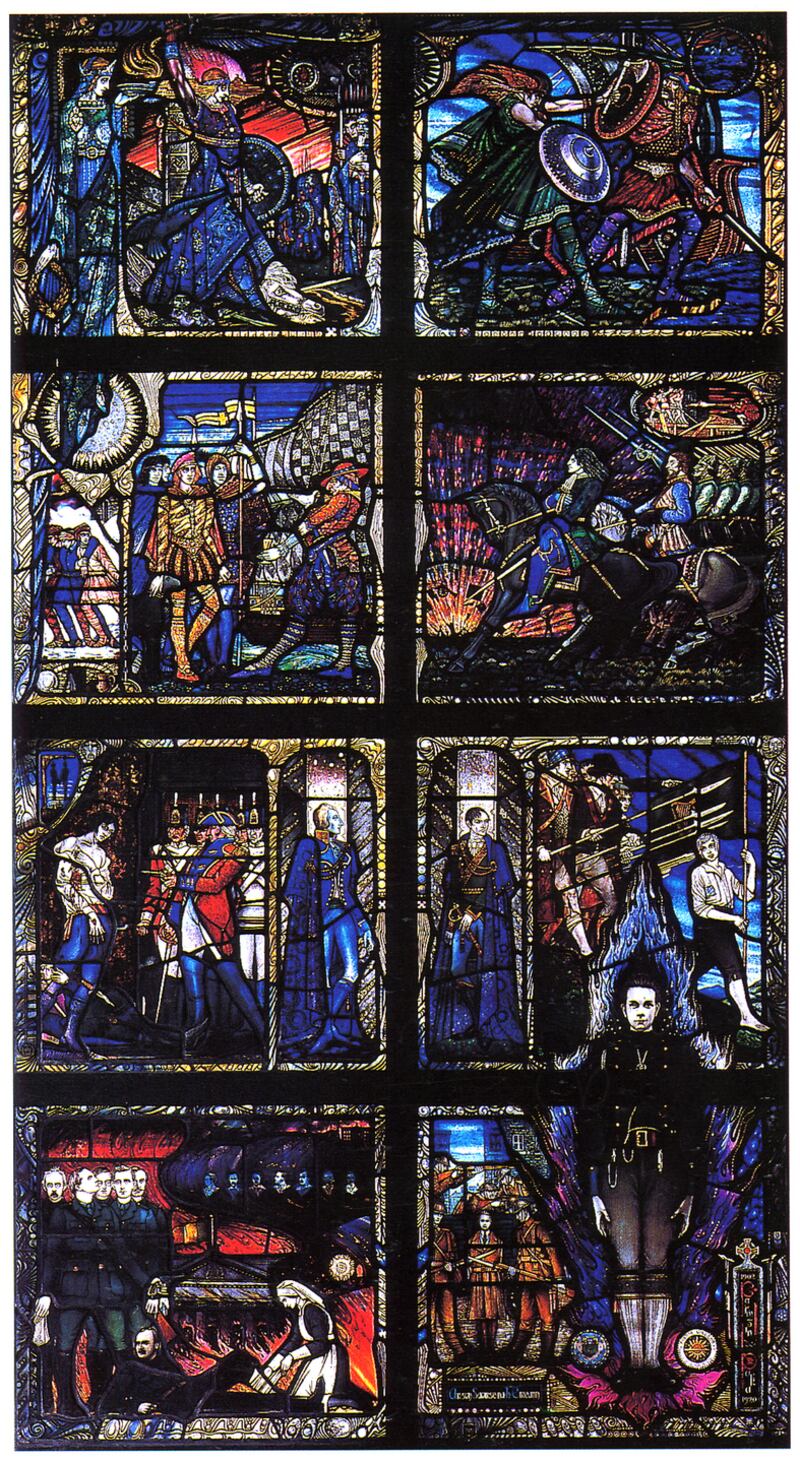 The Kevin Barry Memorial Window (1932-34), stained glass window in eight panels in the Charles Institute of Dermatology, University College Dublin, Belfield, UCD Collection. Reproduced courtesy of University College Dublin and with the permission of the King Estate. Photograph: Vincent Hoban