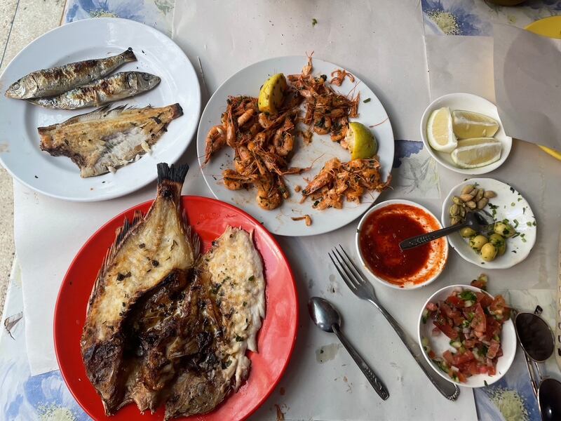 Fish grilled at Essaouira fish market. Photograph: Corinna Hardgrave